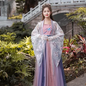 Violeta Liels Hem Kostīmu Darbības Apģērbu Acs Dāma Seno Hanfu Tradicionālo Elegants Ziedu Garām Piedurknēm Jaunums Tang Uzvalks