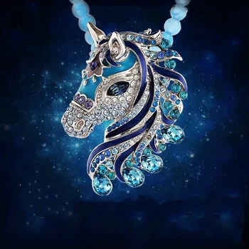 Sieviešu Modes Unicorn Retro Ilgi, Kulons, Kaklarota, zirga galva Cute Zils Dāvanas Izsmalcinātu Cystals Zilā Jūras Zirgs Kaklarota female2018