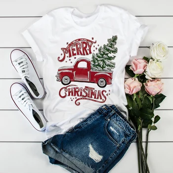 LUSLOS Sieviešu Grafiskais T-krekls Akvarelis Sieviešu Iespiesti Vintage Ziemassvētki Automašīnu Koku Priecīgus Ziemassvētkus Dāmas Camisas Mujer Sieviešu T-krekls