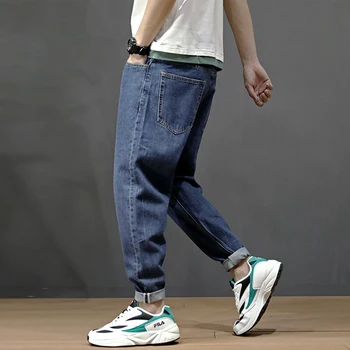 Modes Streetwear Vīriešu Džinsi Loose Fit Retro Zilā Elastīgs Harēma Bikses Konusveida Bikses Korejiešu Hip Hop Džinsi Vīriešu Zīmuli Bikses