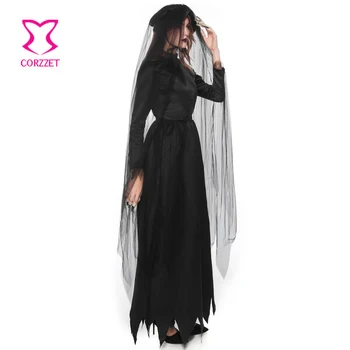 Loma Spēlējot Black Ghost Līgava Plīvura & Asimetriska Gara Kleita Šausmu Vampīru Cosplay Halloween Kostīmi Sievietes Puses Clubwear