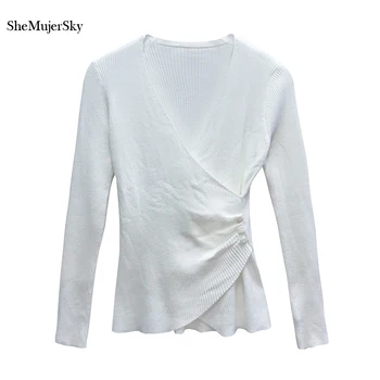 SheMujerSky Sievietes Balts Trikotāžas Blūzes Pusē Ruched V-veida kakla Slim garām Piedurknēm Topi 2020 Rudens Modes Krekli
