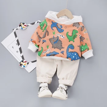 Modes Mazuļa Komplekts-Gabals garām Piedurknēm Bikses Zēniem, Meitenēm, Gudrs Karikatūra Dinozauru Drukāt Kapuces Džemperis Bikses