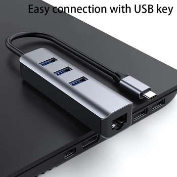 Tipa C 4 in 1 Hub, 3 USB3.0 Ostām + Tīkla Karte, Interfeiss, Adapteris, Gb Bezmaksas Diska Rumbas Expander