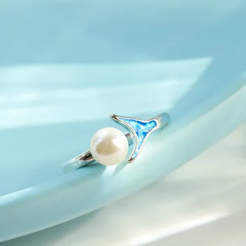 Nekustamā 925 Sterling Sudraba Ģeometriskā pērle zivs asti Regulējams Gredzens Minimālisma Smalkas Rotaslietas Sievietes Puses Dāvanu