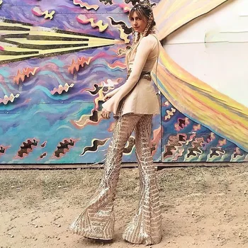 Elegants Sequin Plaša Kāju Bikses Sieviešu Augstās Jostasvietas Bikses Modes Elastīgās Bikses Vaļīgas Bikses Streetwear Puse Deju Uzliesmoja Kājas