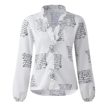 Sieviešu T-krekls Ruffles V-necklong Piedurknēm, Elegants T Krekls Rudens Visu maču Vēstuli Print 