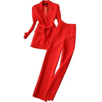 2 komplekti sarkans uzvalks uzvalks sieviete jaunas sievietes pavasara modes temperaments uzvalks jaka plaša kāju bikses tērps jūra Profesionālo sieviešu