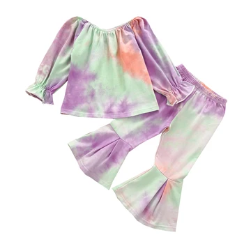 1-6Y Modes Baby Girl kaklasaišu krāsošanas Uzvalku ar garām Piedurknēm + Uzliesmojuši Bikses gumiju Lotus Leaf Apdare Bērnu Vasaras Apģērbu