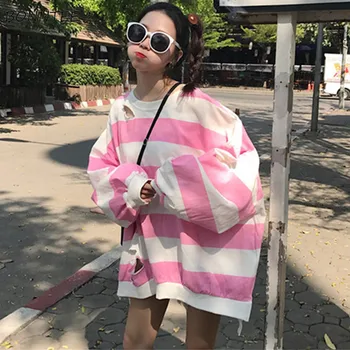 Hoodies Sieviešu Ulzzang Kawaii Jauki Svītru Caurumu Korejiešu Studenti Zaudēt Harajuku Pavasara Rudens Plānas Modes Vienkāršu Sieviešu Apģērbs