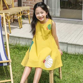 Dzeltena Raksturs Sundress Bērniem Apģērbi Meitenēm Vasaras Kleitas Jaunu 2020. Gadam Bērni Kokvilnas Cute Kleitu Bērnu Big Girls Vecums 4 6 8 10 12