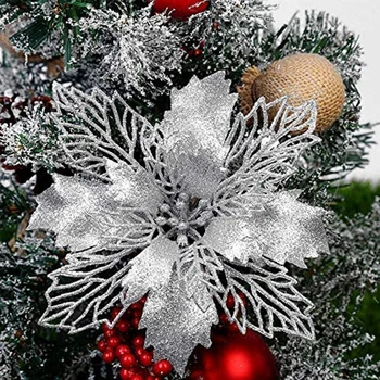 Poinsettia Ziemassvētku Rotājumi Ziemassvētku Ziedi Mirdzēt Ziemassvētku Eglītes Rotājumiem un Ornamentiem (12 Gab.)