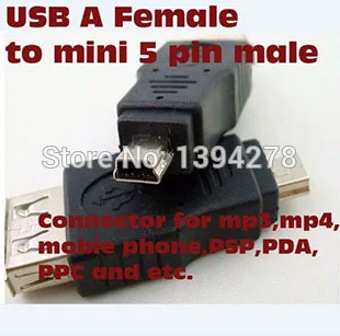 Bezmaksas Shippping Melns Sieviešu USB 2.0 A Male Mini 5 pin B Adapteri Converter USB kabelis MP3 MP4 300Pcs/Daudz Vairumtirdzniecība